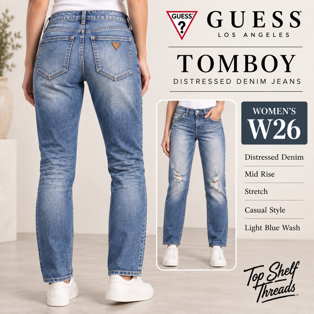 Guess Tomboy Women W26 Blue Distressed Boyfriend Fit Jeans Zip Fly Triangle Logo